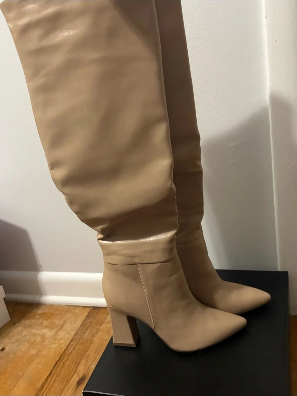 Women's Knee-High Pointed Toe Block Heel Boots in Nude
